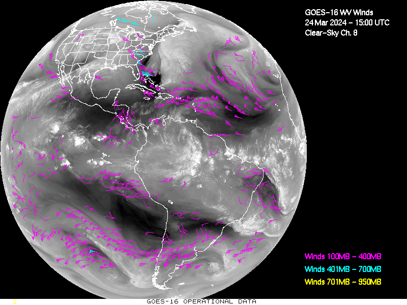 GOES-16 Clear Sky WV Channel 8 Derived Winds - Full Disk - 03/24/2024 - 1500 GMT