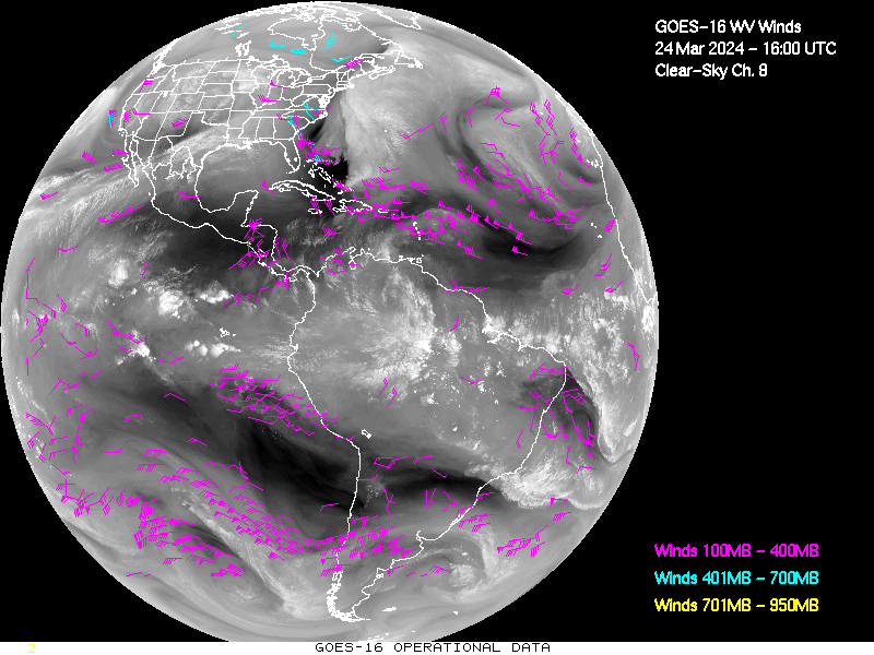 GOES-16 Clear Sky WV Channel 8 Derived Winds - Full Disk - 03/24/2024 - 1600 GMT