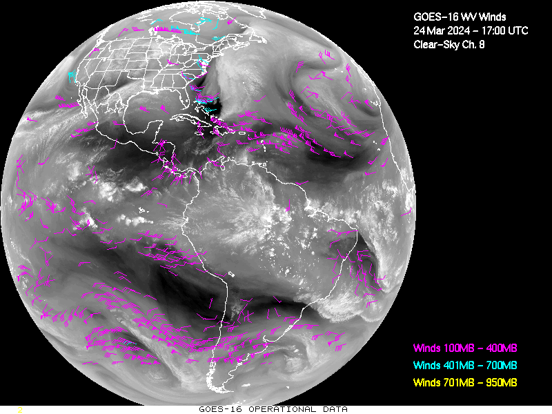 GOES-16 Clear Sky WV Channel 8 Derived Winds - Full Disk - 03/24/2024 - 1700 GMT