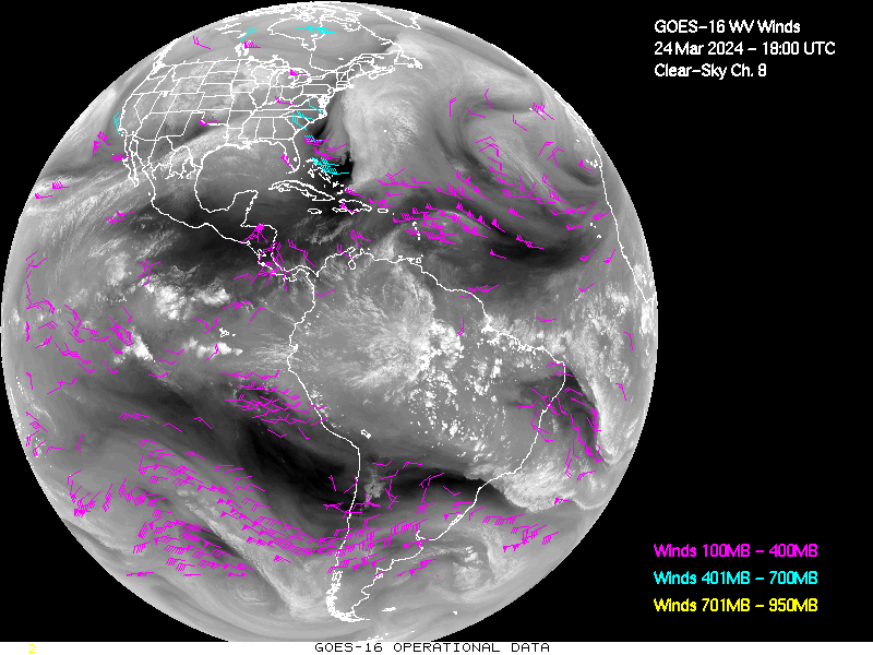 GOES-16 Clear Sky WV Channel 8 Derived Winds - Full Disk - 03/24/2024 - 1800 GMT