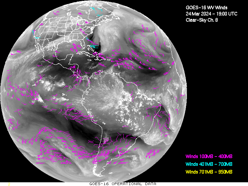 GOES-16 Clear Sky WV Channel 8 Derived Winds - Full Disk - 03/24/2024 - 1900 GMT