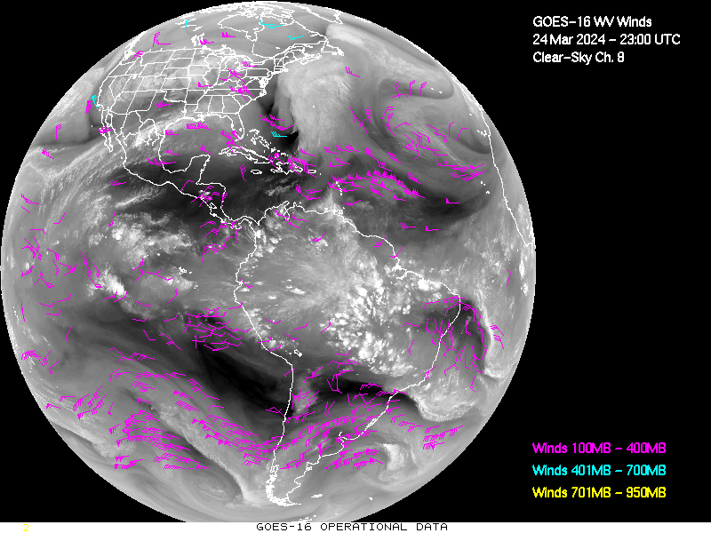GOES-16 Clear Sky WV Channel 8 Derived Winds - Full Disk - 03/24/2024 - 2300 GMT