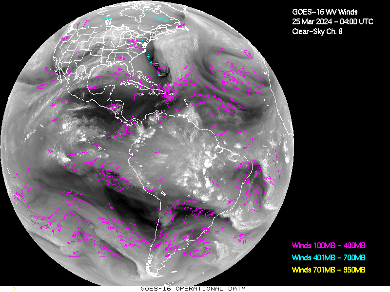 GOES-16 Clear Sky WV Channel 8 Derived Winds - Full Disk - 03/25/2024 - 0400 GMT