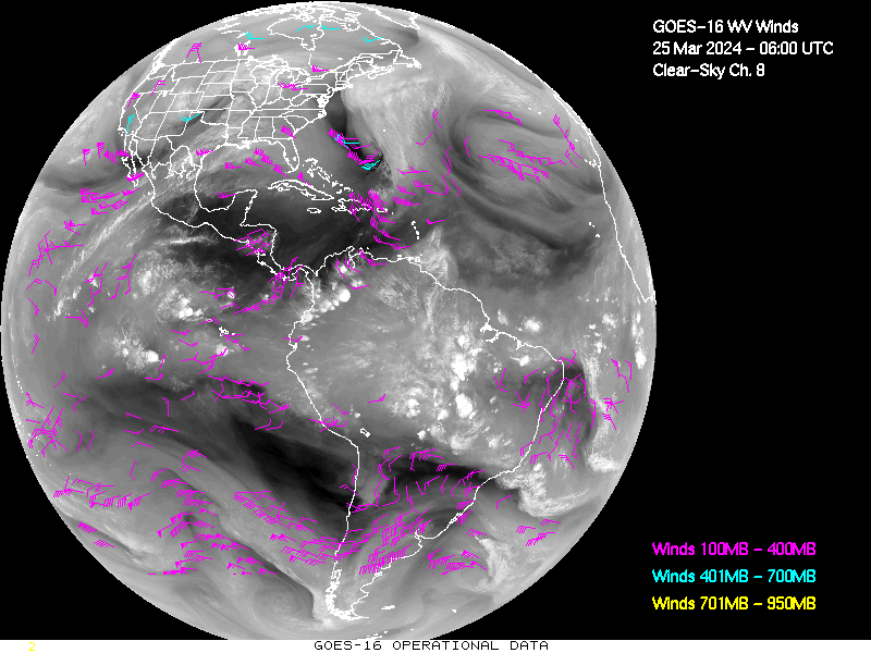 GOES-16 Clear Sky WV Channel 8 Derived Winds - Full Disk - 03/25/2024 - 0600 GMT
