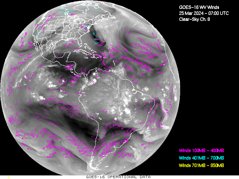 GOES-16 Clear Sky WV Channel 8 Derived Winds - Full Disk - 03/25/2024 - 0700 GMT