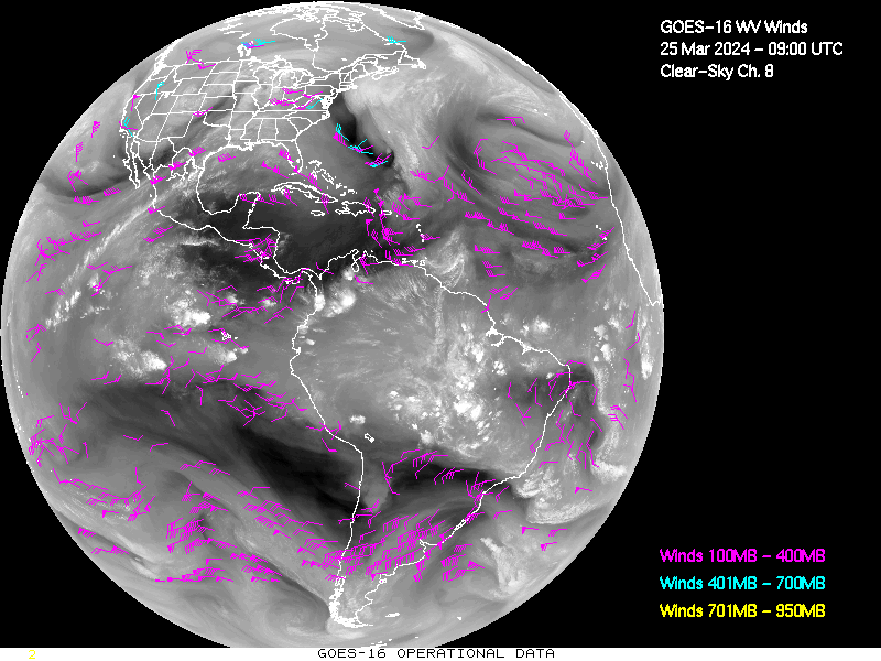 GOES-16 Clear Sky WV Channel 8 Derived Winds - Full Disk - 03/25/2024 - 0900 GMT