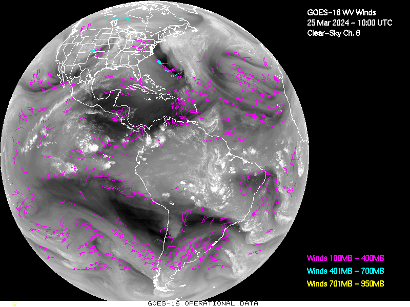 GOES-16 Clear Sky WV Channel 8 Derived Winds - Full Disk - 03/25/2024 - 1000 GMT