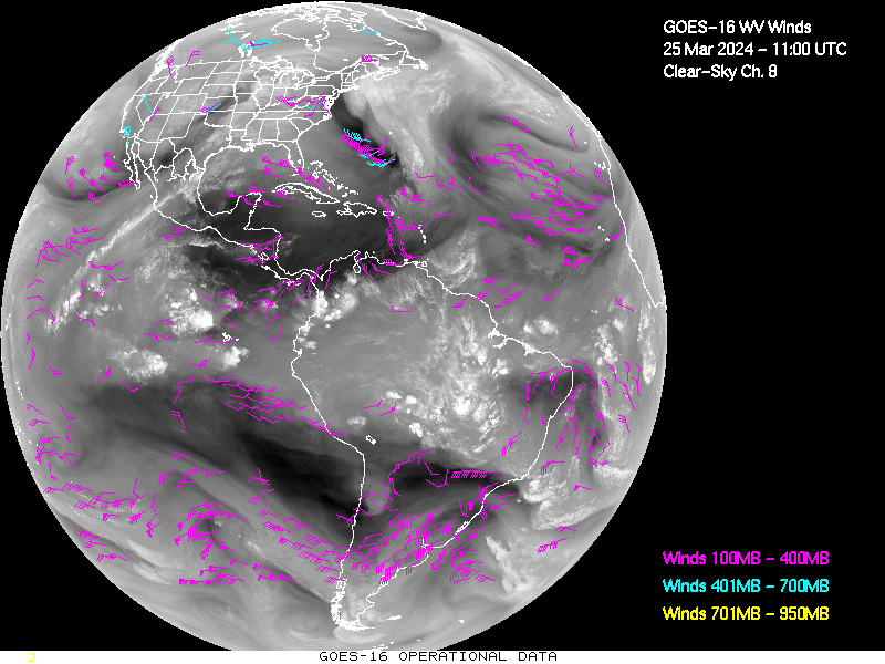 GOES-16 Clear Sky WV Channel 8 Derived Winds - Full Disk - 03/25/2024 - 1100 GMT