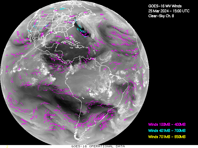 GOES-16 Clear Sky WV Channel 8 Derived Winds - Full Disk - 03/25/2024 - 1500 GMT