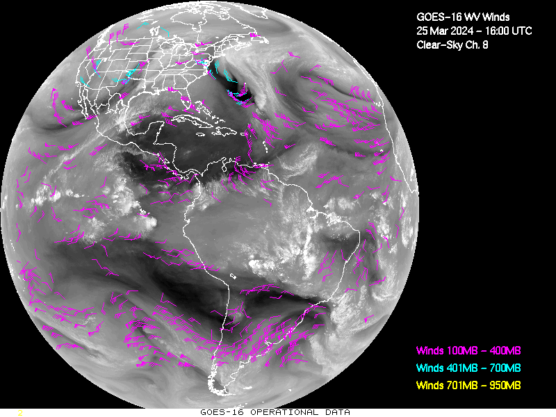 GOES-16 Clear Sky WV Channel 8 Derived Winds - Full Disk - 03/25/2024 - 1600 GMT