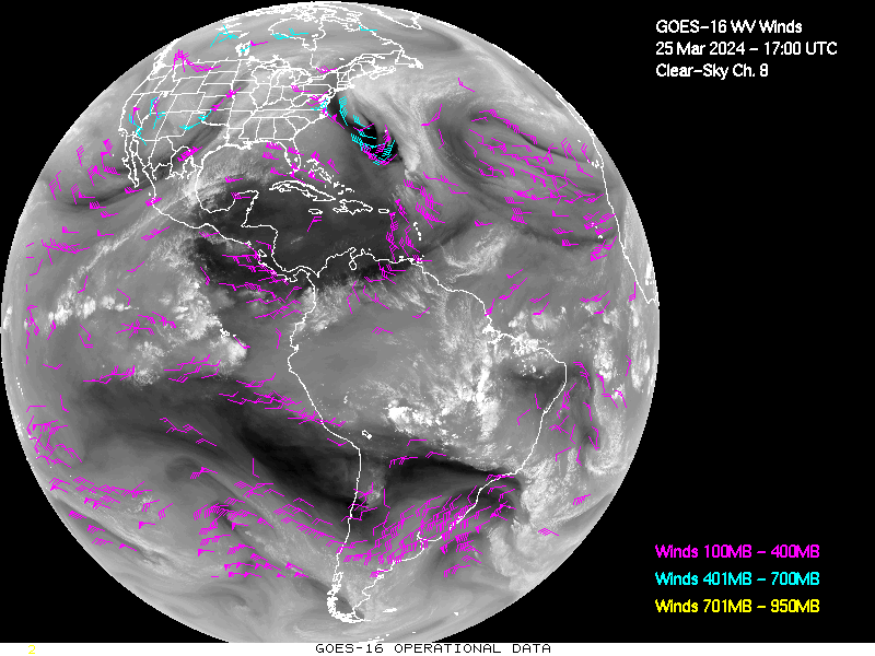 GOES-16 Clear Sky WV Channel 8 Derived Winds - Full Disk - 03/25/2024 - 1700 GMT