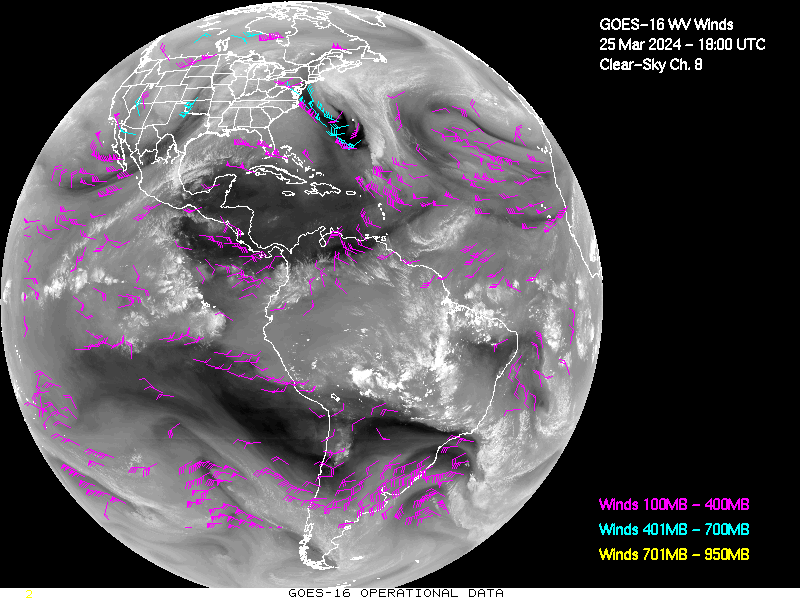 GOES-16 Clear Sky WV Channel 8 Derived Winds - Full Disk - 03/25/2024 - 1800 GMT