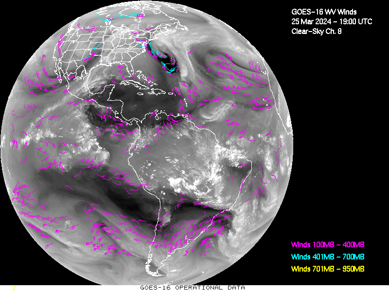 GOES-16 Clear Sky WV Channel 8 Derived Winds - Full Disk - 03/25/2024 - 1900 GMT