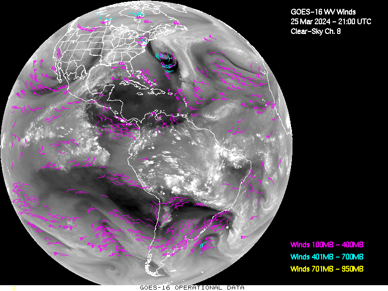 GOES-16 Clear Sky WV Channel 8 Derived Winds - Full Disk - 03/25/2024 - 2100 GMT