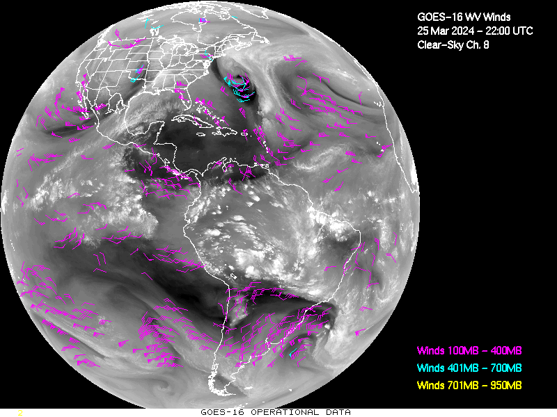 GOES-16 Clear Sky WV Channel 8 Derived Winds - Full Disk - 03/25/2024 - 2200 GMT