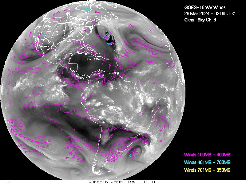 GOES-16 Clear Sky WV Channel 8 Derived Winds - Full Disk - 03/26/2024 - 0200 GMT