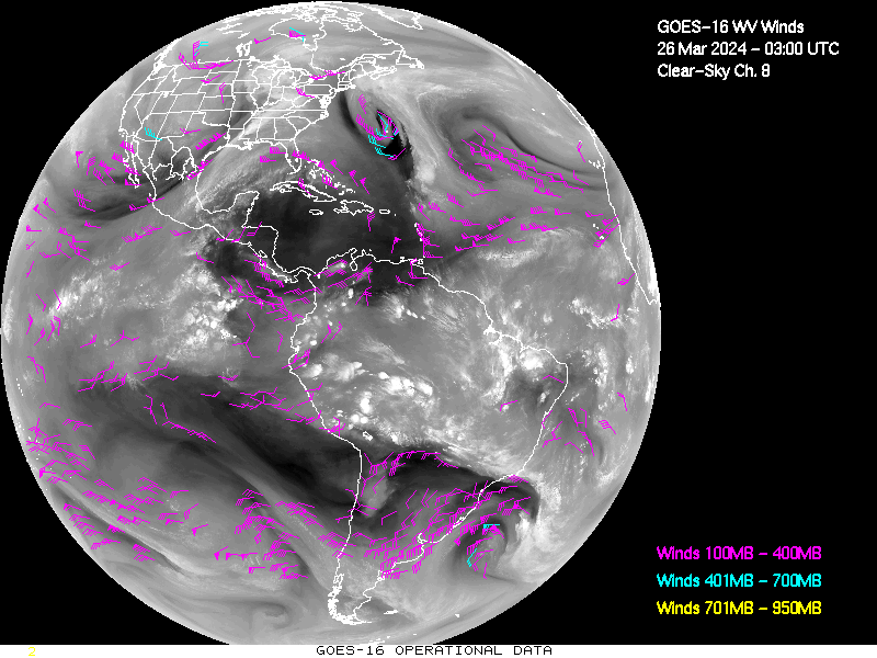 GOES-16 Clear Sky WV Channel 8 Derived Winds - Full Disk - 03/26/2024 - 0300 GMT
