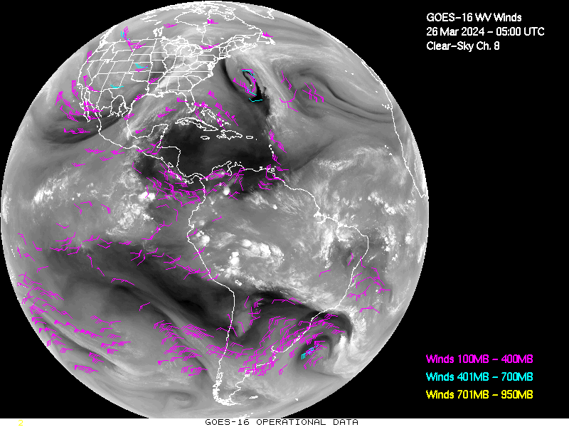 GOES-16 Clear Sky WV Channel 8 Derived Winds - Full Disk - 03/26/2024 - 0500 GMT