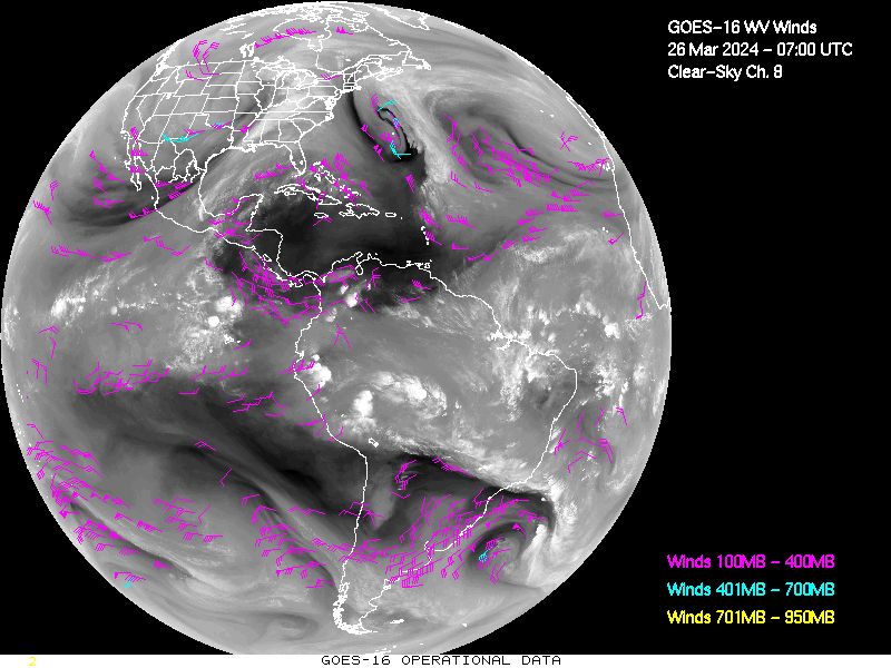 GOES-16 Clear Sky WV Channel 8 Derived Winds - Full Disk - 03/26/2024 - 0700 GMT