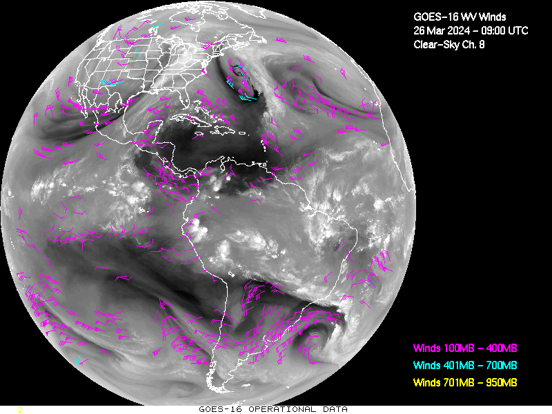 GOES-16 Clear Sky WV Channel 8 Derived Winds - Full Disk - 03/26/2024 - 0900 GMT