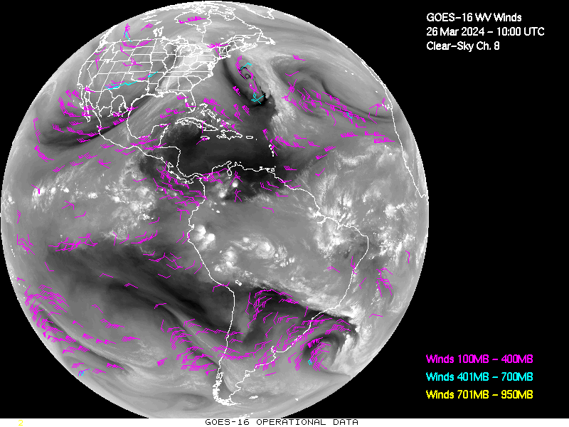 GOES-16 Clear Sky WV Channel 8 Derived Winds - Full Disk - 03/26/2024 - 1000 GMT