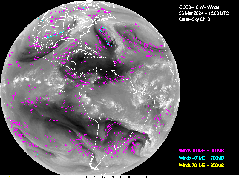 GOES-16 Clear Sky WV Channel 8 Derived Winds - Full Disk - 03/26/2024 - 1200 GMT