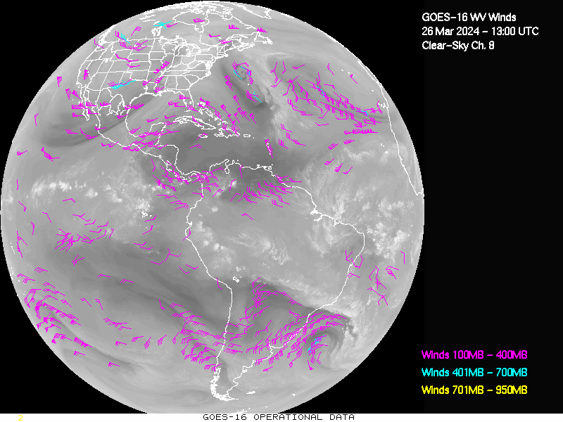 GOES-16 Clear Sky WV Channel 8 Derived Winds - Full Disk - 03/26/2024 - 1300 GMT