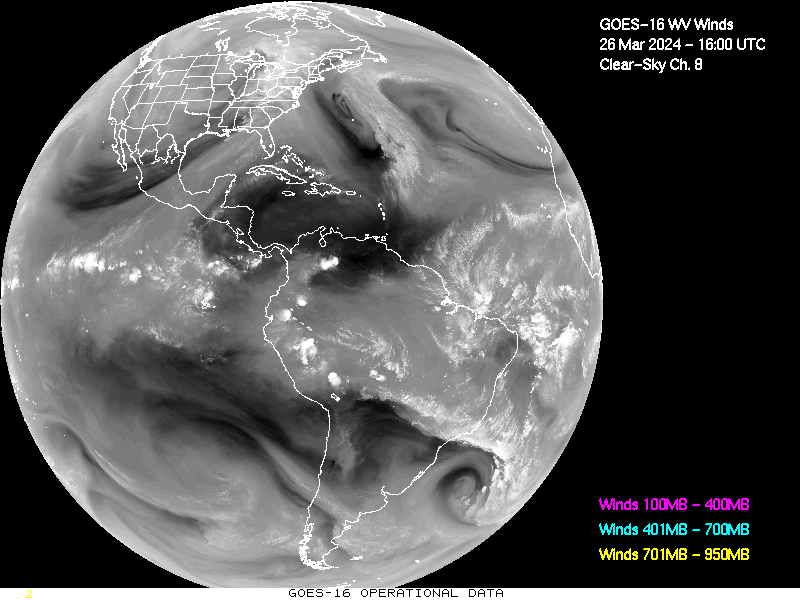 GOES-16 Clear Sky WV Channel 8 Derived Winds - Full Disk - 03/26/2024 - 1600 GMT