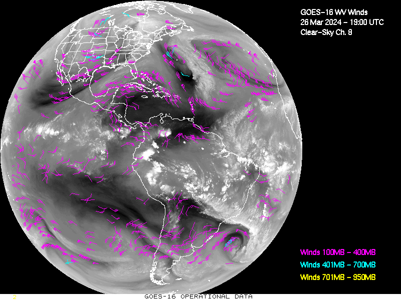 GOES-16 Clear Sky WV Channel 8 Derived Winds - Full Disk - 03/26/2024 - 1900 GMT