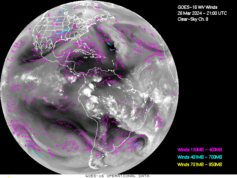 GOES-16 Clear Sky WV Channel 8 Derived Winds - Full Disk - 03/26/2024 - 2100 GMT