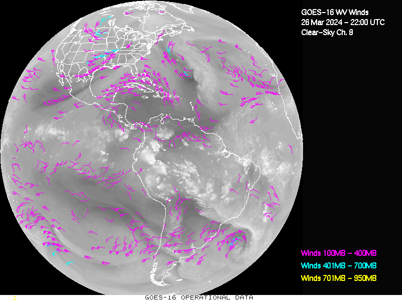 GOES-16 Clear Sky WV Channel 8 Derived Winds - Full Disk - 03/26/2024 - 2200 GMT