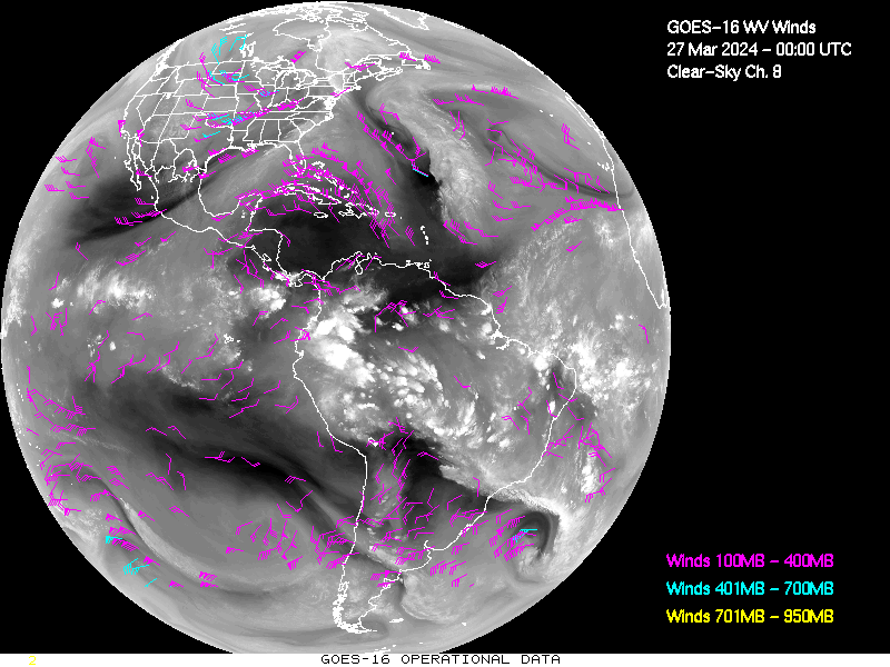GOES-16 Clear Sky WV Channel 8 Derived Winds - Full Disk - 03/27/2024 - 0000 GMT