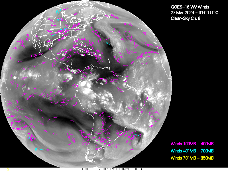 GOES-16 Clear Sky WV Channel 8 Derived Winds - Full Disk - 03/27/2024 - 0100 GMT