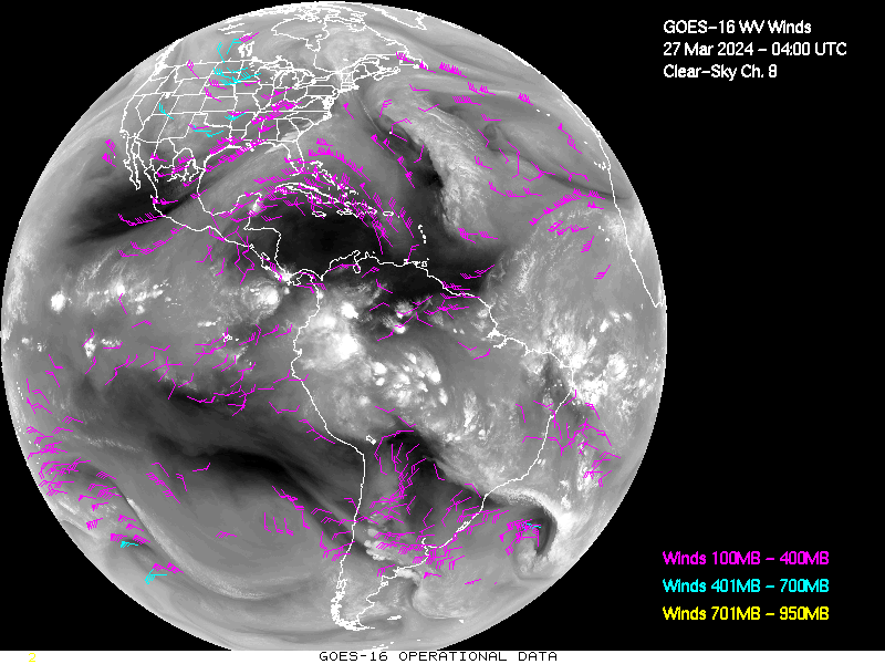 GOES-16 Clear Sky WV Channel 8 Derived Winds - Full Disk - 03/27/2024 - 0400 GMT