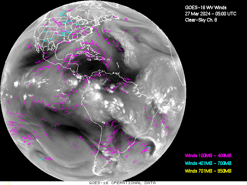 GOES-16 Clear Sky WV Channel 8 Derived Winds - Full Disk - 03/27/2024 - 0500 GMT