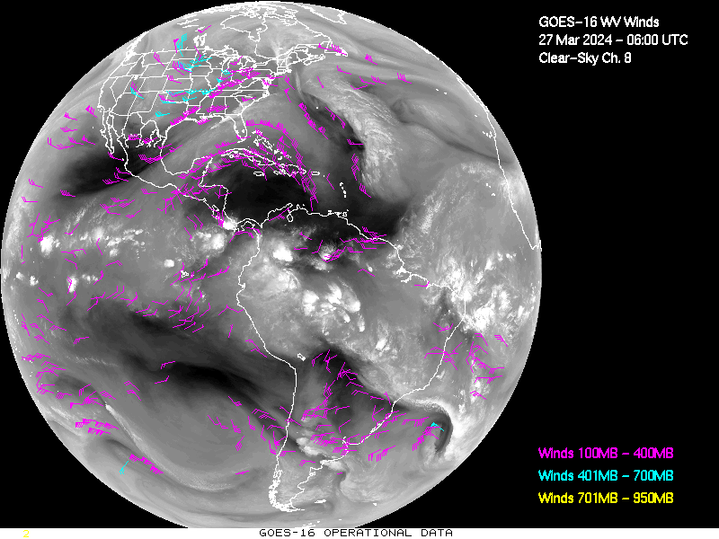 GOES-16 Clear Sky WV Channel 8 Derived Winds - Full Disk - 03/27/2024 - 0600 GMT