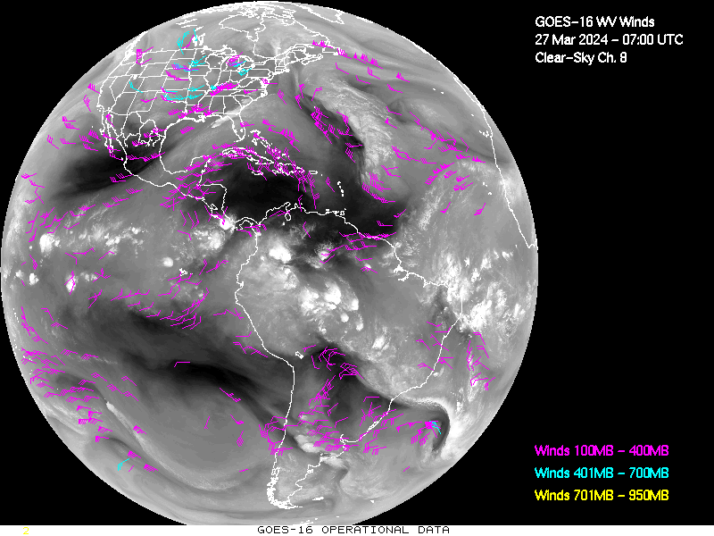 GOES-16 Clear Sky WV Channel 8 Derived Winds - Full Disk - 03/27/2024 - 0700 GMT