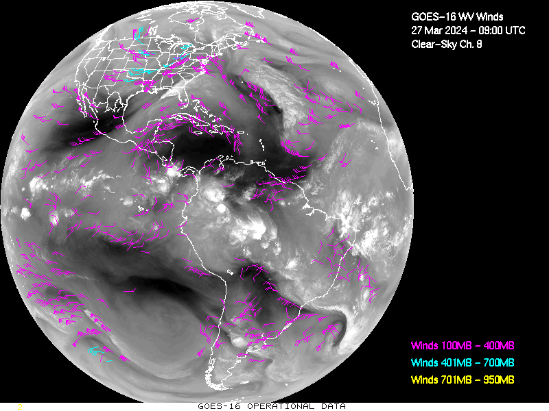 GOES-16 Clear Sky WV Channel 8 Derived Winds - Full Disk - 03/27/2024 - 0900 GMT