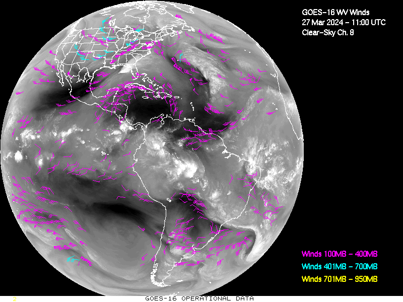 GOES-16 Clear Sky WV Channel 8 Derived Winds - Full Disk - 03/27/2024 - 1100 GMT