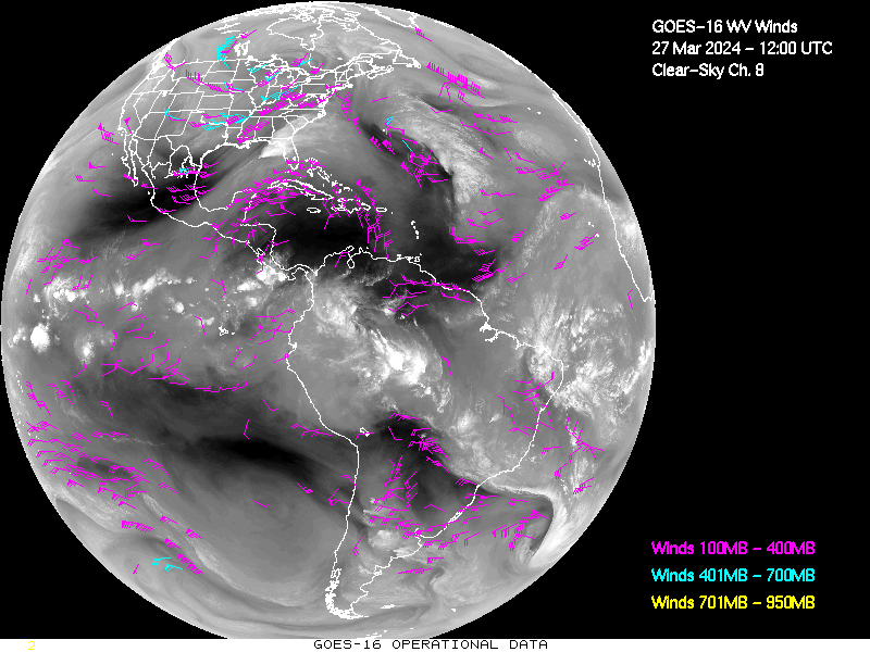 GOES-16 Clear Sky WV Channel 8 Derived Winds - Full Disk - 03/27/2024 - 1200 GMT