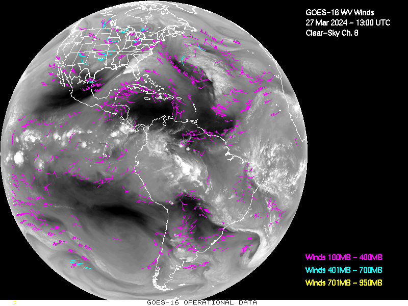 GOES-16 Clear Sky WV Channel 8 Derived Winds - Full Disk - 03/27/2024 - 1300 GMT