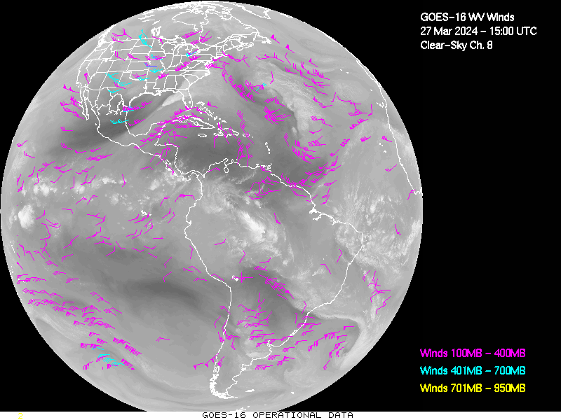 GOES-16 Clear Sky WV Channel 8 Derived Winds - Full Disk - 03/27/2024 - 1500 GMT