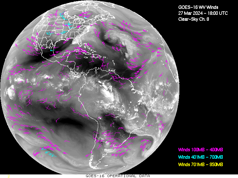 GOES-16 Clear Sky WV Channel 8 Derived Winds - Full Disk - 03/27/2024 - 1800 GMT