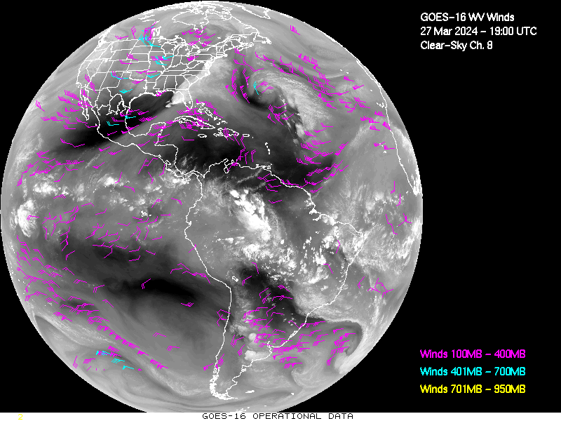 GOES-16 Clear Sky WV Channel 8 Derived Winds - Full Disk - 03/27/2024 - 1900 GMT
