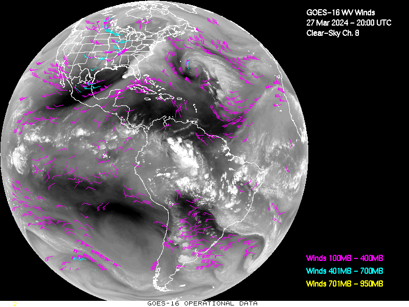 GOES-16 Clear Sky WV Channel 8 Derived Winds - Full Disk - 03/27/2024 - 2000 GMT