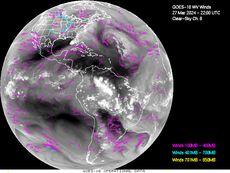 GOES-16 Clear Sky WV Channel 8 Derived Winds - Full Disk - 03/27/2024 - 2200 GMT