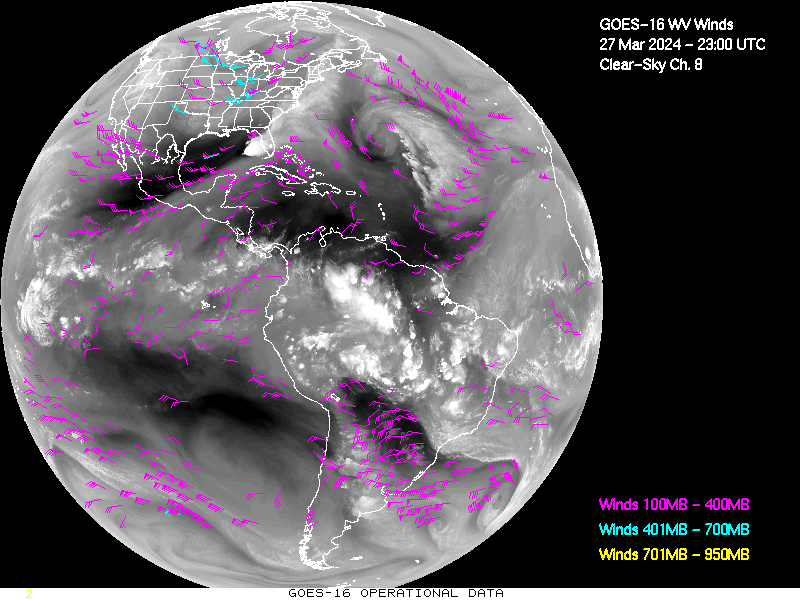 GOES-16 Clear Sky WV Channel 8 Derived Winds - Full Disk - 03/27/2024 - 2300 GMT