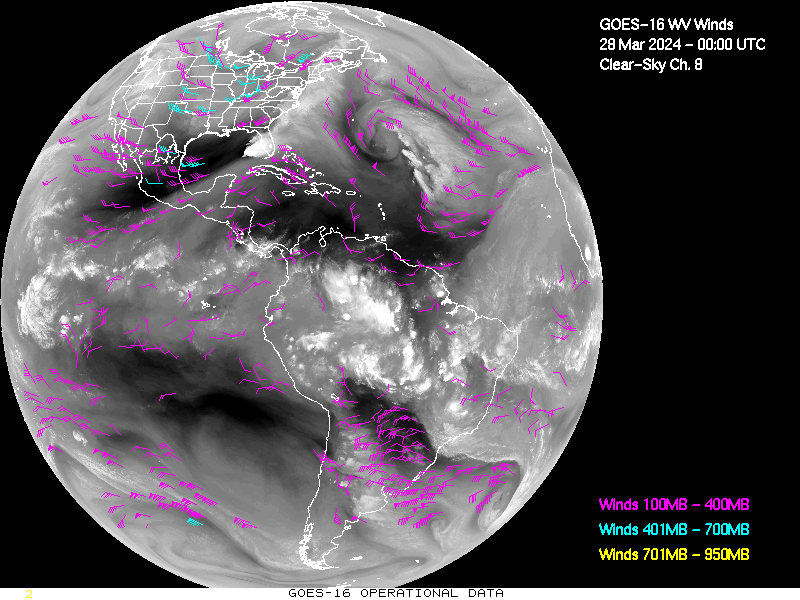 GOES-16 Clear Sky WV Channel 8 Derived Winds - Full Disk - 03/28/2024 - 0000 GMT