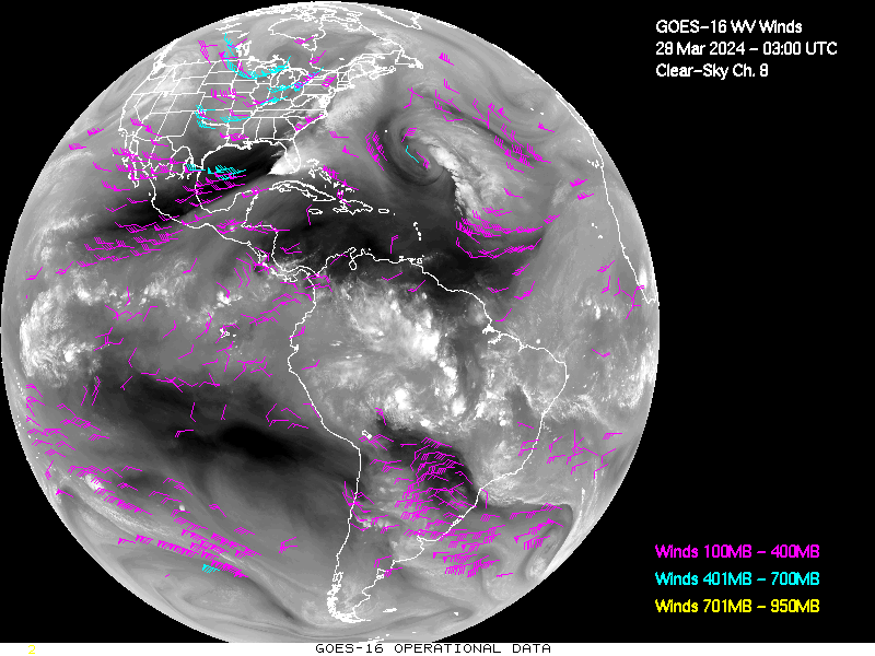 GOES-16 Clear Sky WV Channel 8 Derived Winds - Full Disk - 03/28/2024 - 0300 GMT