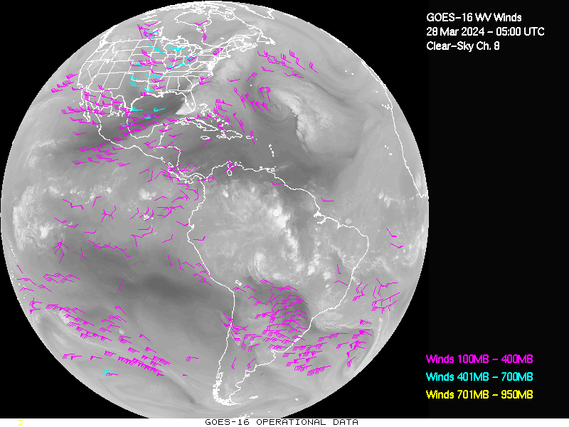 GOES-16 Clear Sky WV Channel 8 Derived Winds - Full Disk - 03/28/2024 - 0500 GMT